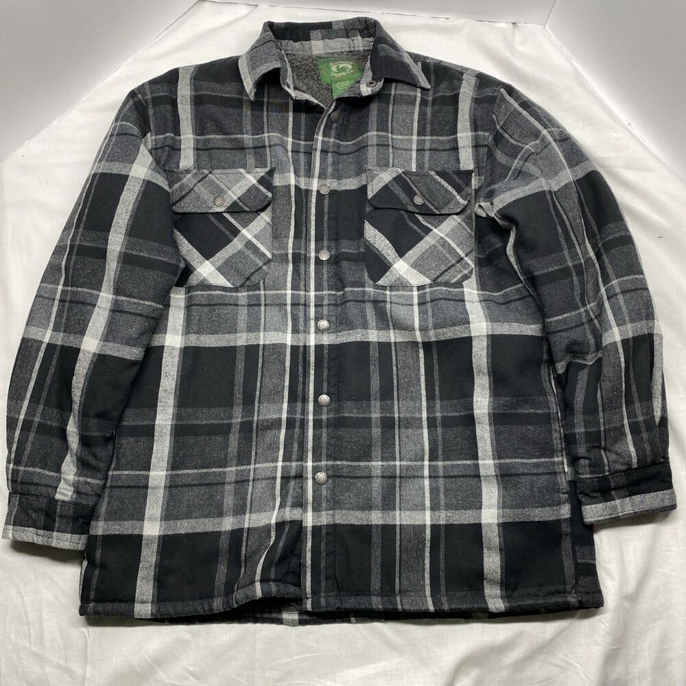 Stillwater Supply Co Men’s Flannel Shirt Jacket Sherpa Lined Plaid Gray Black M